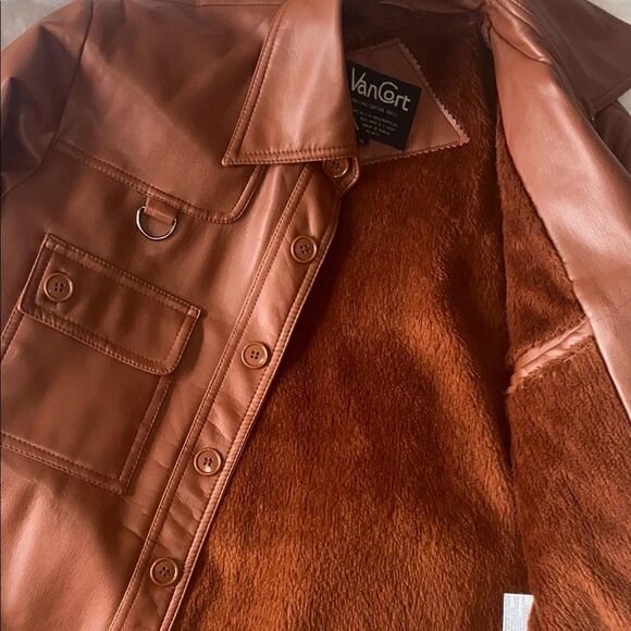 Vintage Long Brown Faux Leather Motorcycle Jacket Vancourt Womens Size Small - Picture 7 of 8